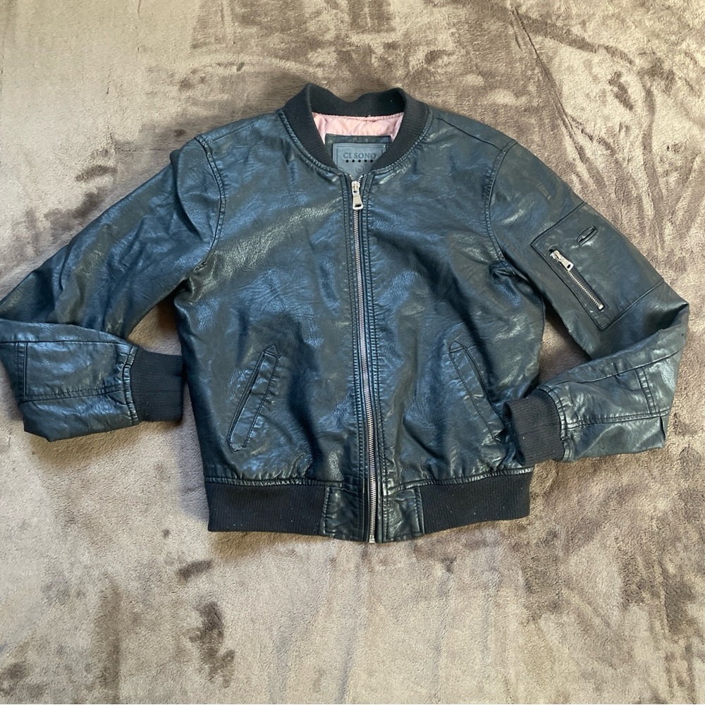 Ci Sono Black Faux Leather Bomber Jacket with Pink Lining